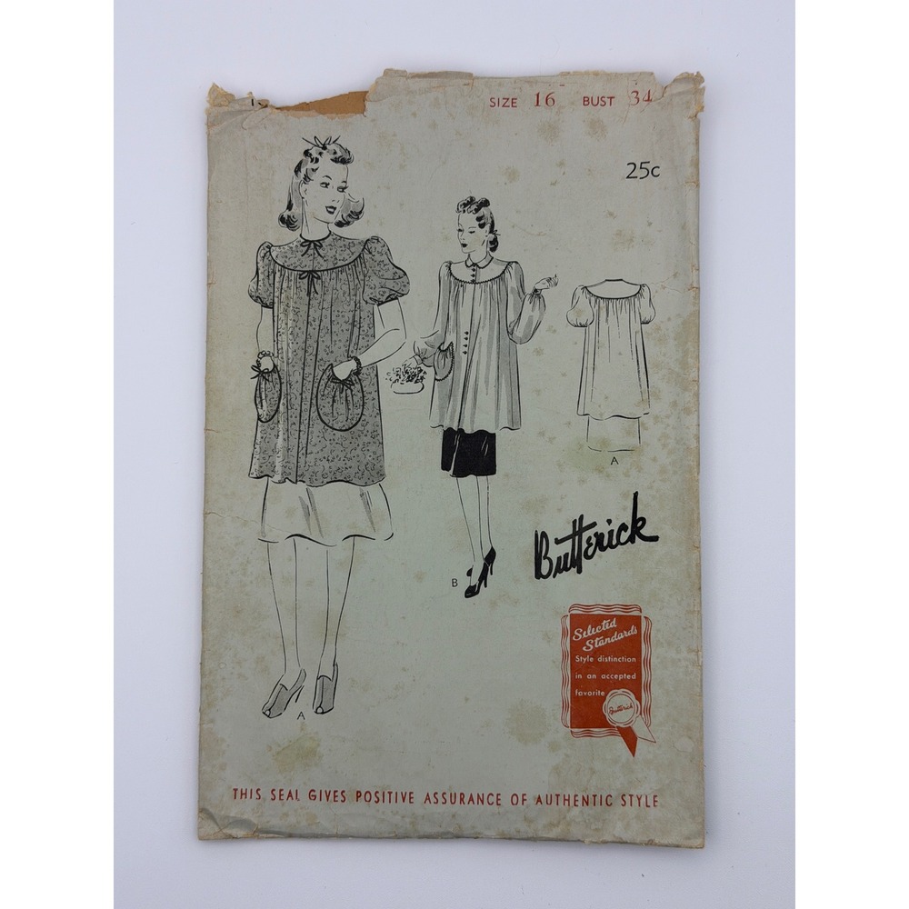 1940s Butterick Dress Sewing Pattern Sz‎ 16 25¢ Vintage Complete Cut